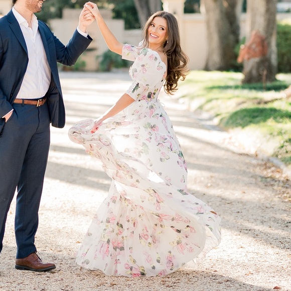 MILLA apple blossom puff sleeve white and pink floral gown XS worn once - Picture 7 of 9